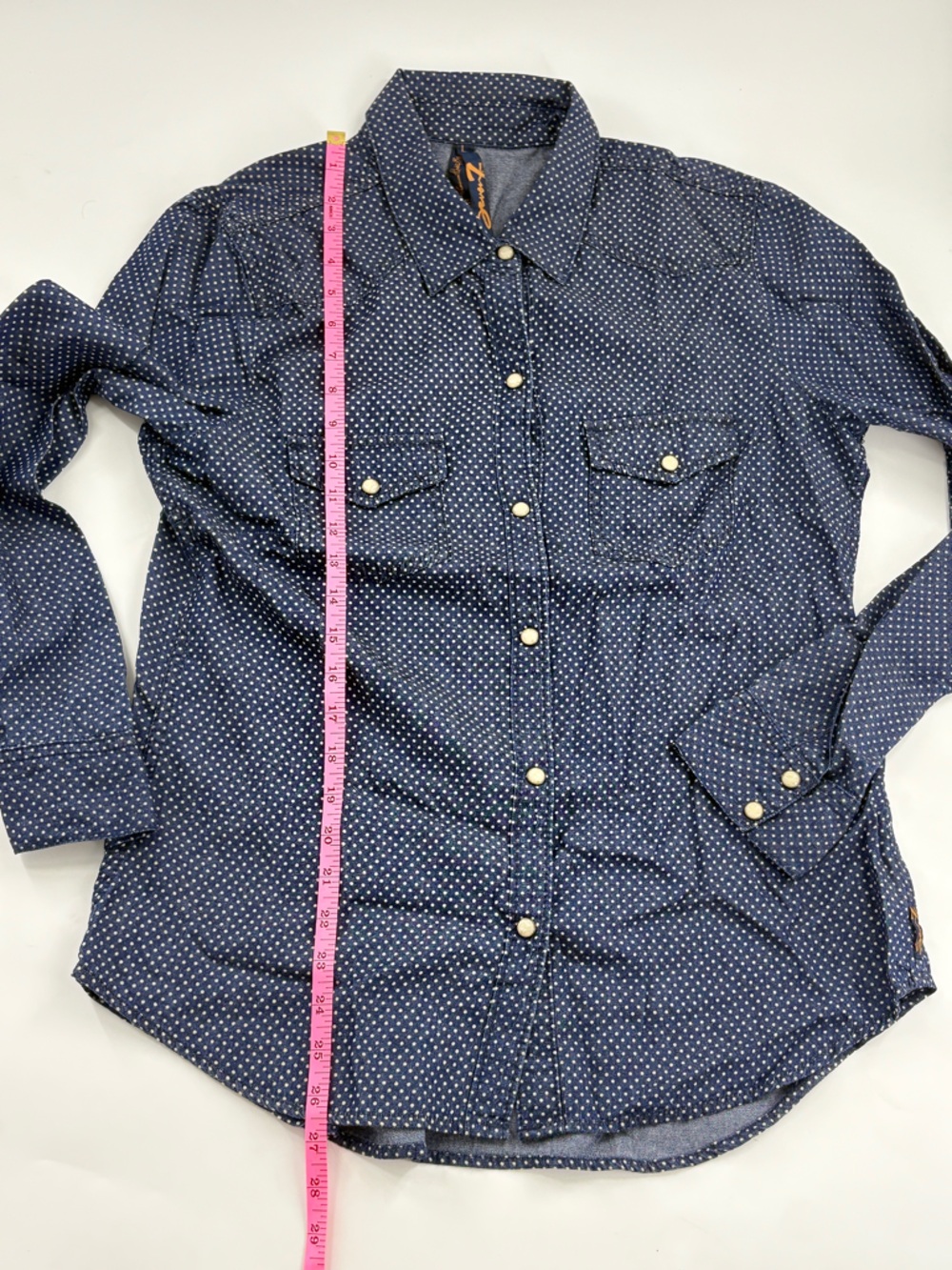 7 For All Mankind Blouse Women's Navy W/ White Polka Dot Western Button Down -L - Picture 3 of 7